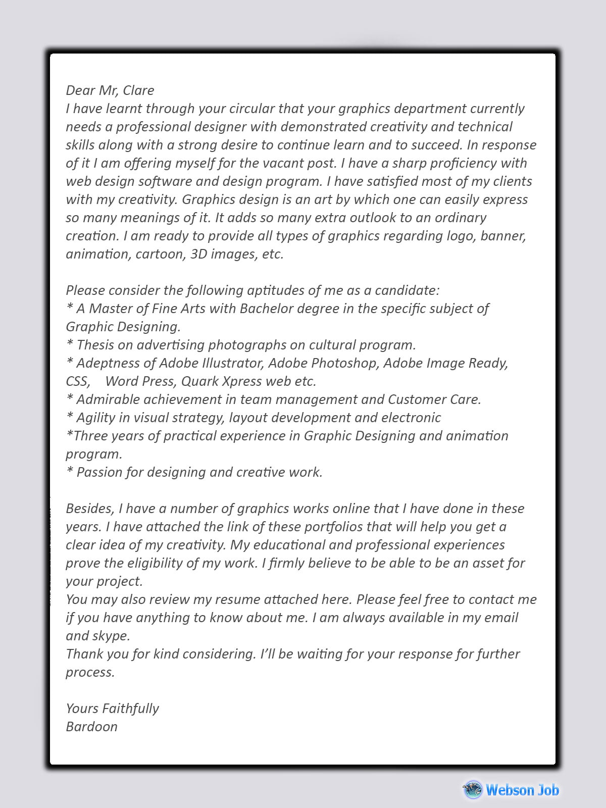 Graphic Design Cover Letter Sample for Upwork Proposal