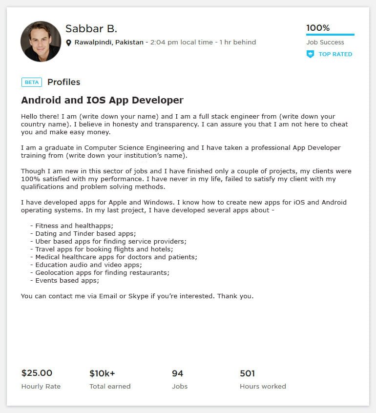 Upwork Profile Overview Sample for Mobile App/ Android / iOS