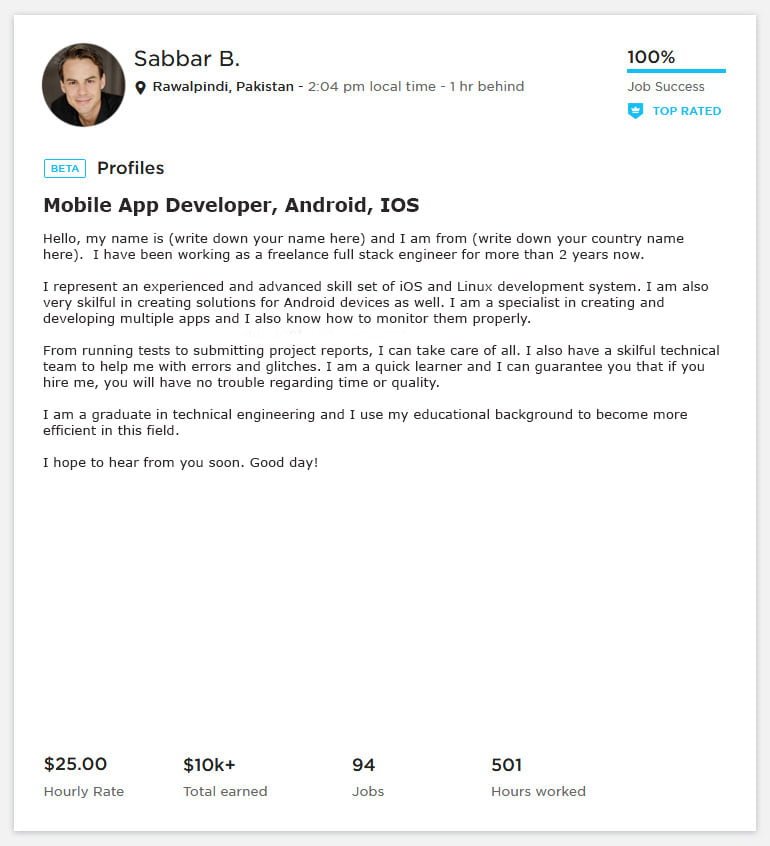 Upwork Profile Overview Sample for Mobile App/ Android / iOS