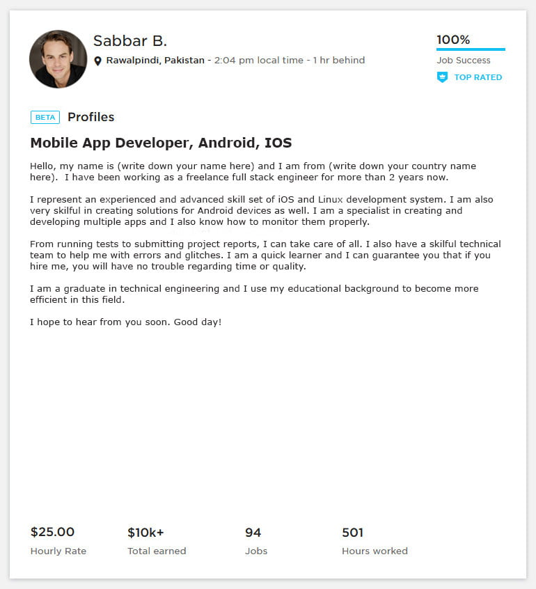 Upwork Profile Overview Sample for Mobile App/ Android / iOS