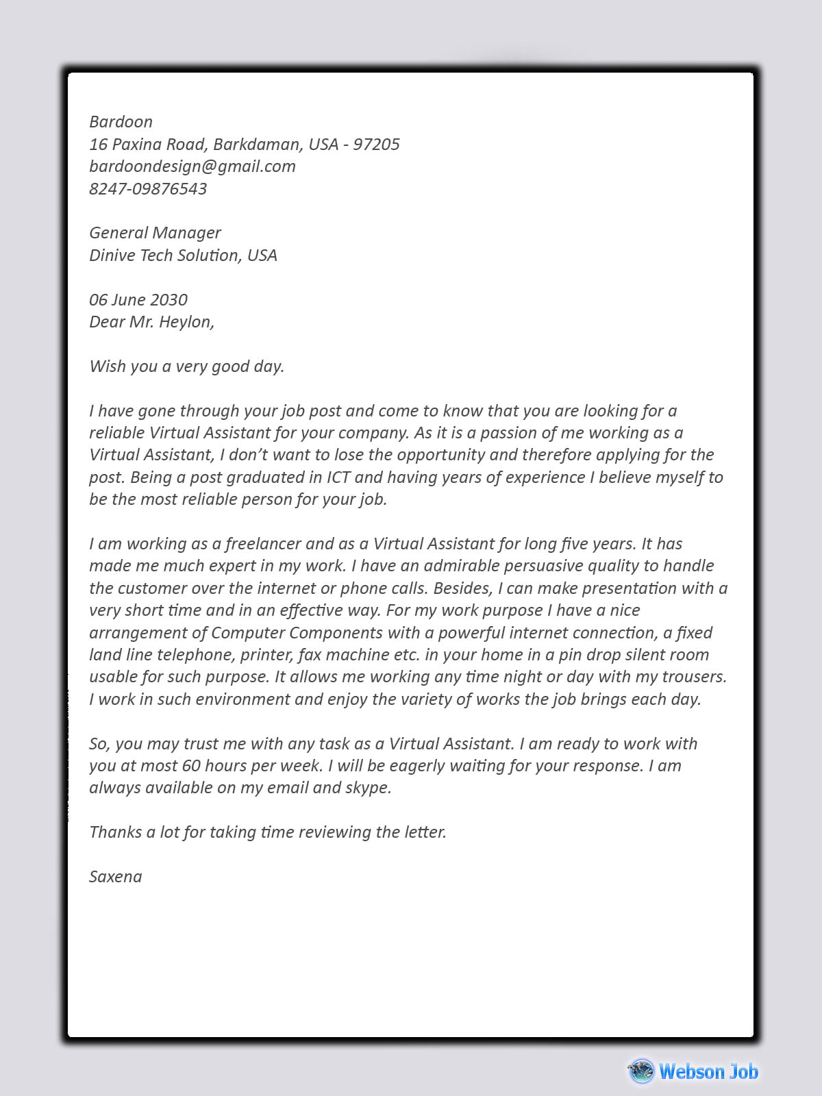 Virtual Assistant Cover Letter (Best Sample for VA) - Webson Job