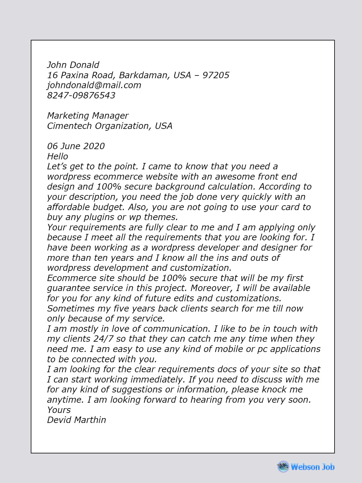 Wordpress Developer Cover Letter Sample