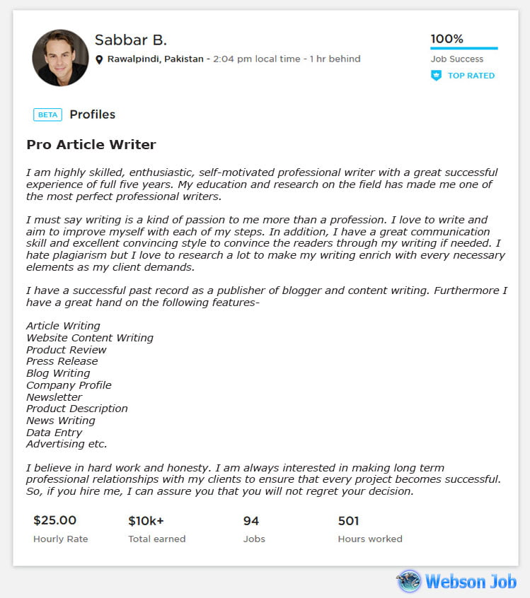 Upwork Profile Overview Sample for Article Writing