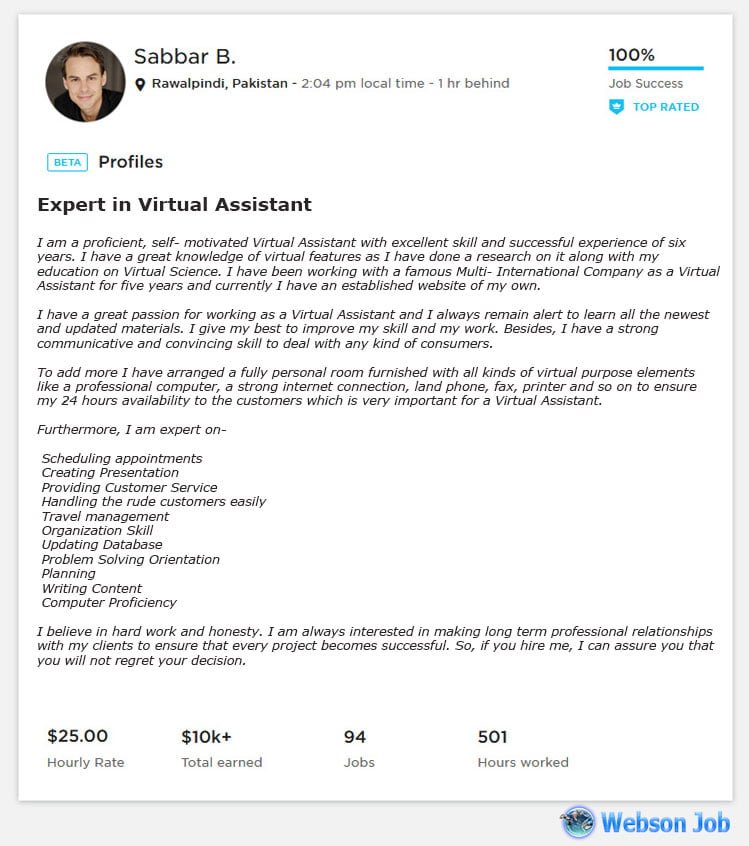 Upwork Profile Overview Sample for Virtual Assistant 