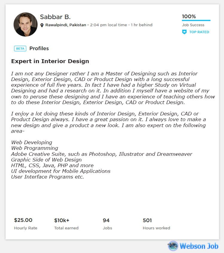 Upwork Overview Sample for Interior Design, Exterior Design, CAD or Product Design